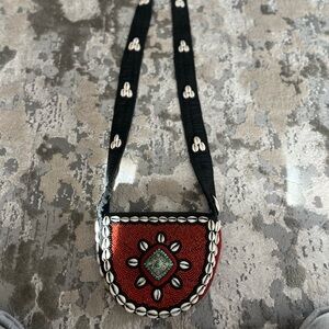 Embroidered Black and Red Beaded with Cowry Shells Women's Bag